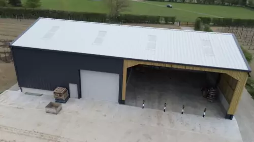 Steel portal frame agricultural building under construction in Kent